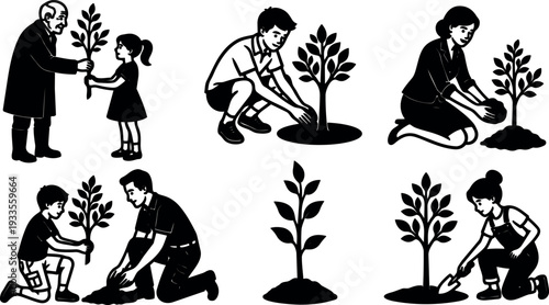 Flat design low angle kneeling people planting saplings community volunteers passing seedling and shoveling soil in silhouette urban park morning