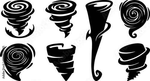 Vector tornado icon set eight stylized swirl tornado symbols close up isolated on white background bold black graphic minimalist flat