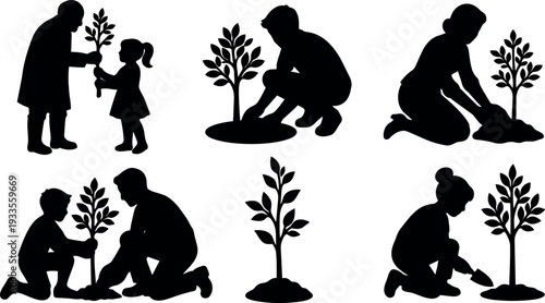 Minimalist silhouette vector art multiple people planting saplings from child to elder gardening together community tree planting scene gentle daylight