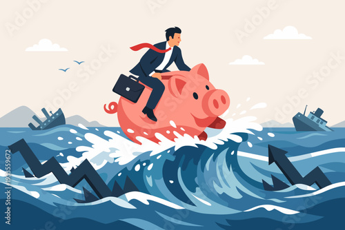 Businessman Riding a Piggy Bank Through Stormy Ocean Waves During Economic Crisis, Concept of Financial Resilience, Saving Money and Wealth Protection in Recession with Sinking Ships and Arrows