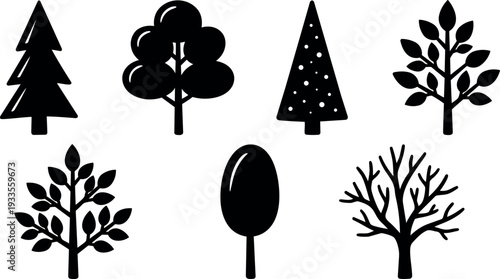 Flat design black tree silhouette set eight icons arranged in two rows on white background simple bold minimalist vector illustration