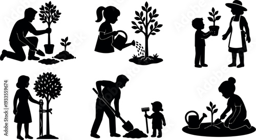 Flat silhouette vector scenes showing people planting trees watering seedlings and caring for saplings in community garden close up tenderly