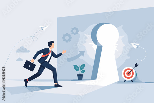 Businessman in a suit running towards a bright keyhole opening in a wall, symbolizing career breakthrough, creative management solutions, finding opportunities, and achieving business goals.