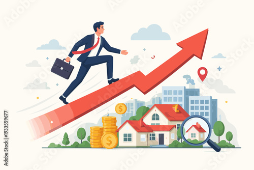 Businessman in Suit Running Up a Rising Red Arrow Representing Real Estate Market Growth, Property Investment Success, Mortgage, and Financial Wealth with Houses, Gold Coins, and City Skyline.