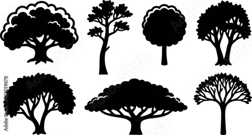Flat design tree silhouette set seven varied tree shapes overhead canopy side view simple vector icons black scalable editable illustration