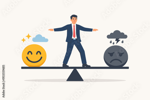 Businessman Balancing Positive and Negative Emotions on a Seesaw, Concept of Mental Health, Emotional Intelligence, Optimism vs Pessimism, Psychological Stability and Work Life Balance Illustration