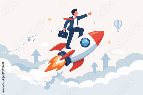 Businessman Flying on a Rocket for Career Growth and Business Startup Success. Concept of Ambition, Leadership, and New Project Launch with Professional Male Character in Suit and Clouds.