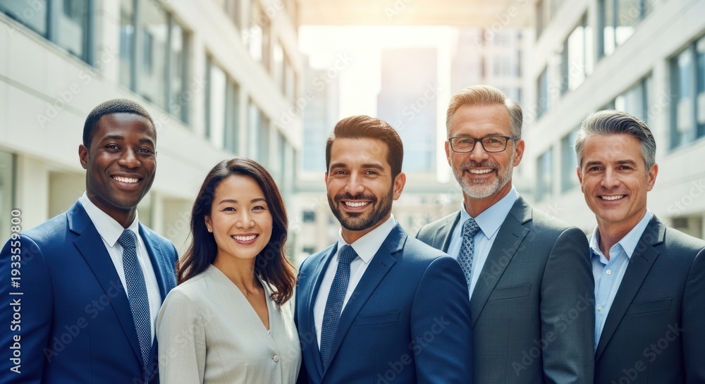 Fototapeta premium A group of five business professionals standing outdoors in front of a city skyline.