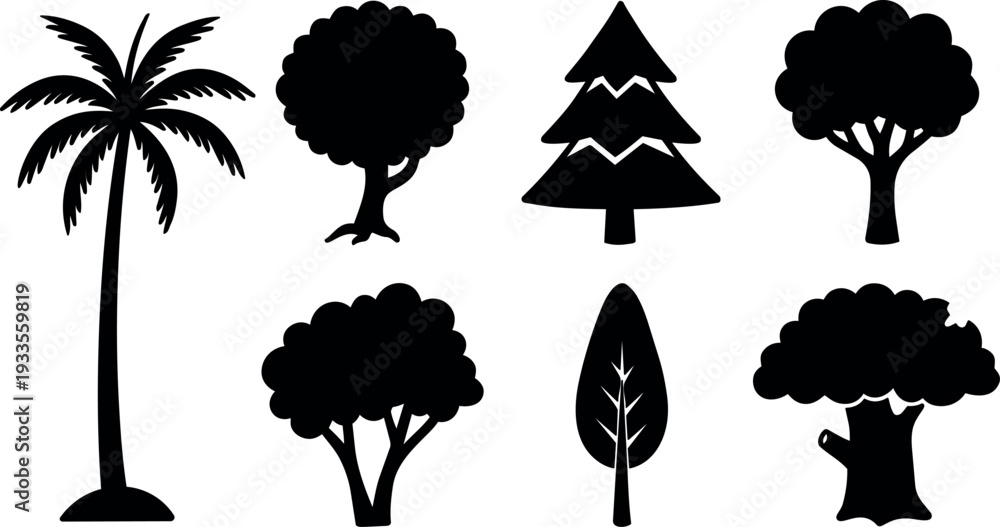 Fototapeta premium Flat design tree silhouette icons set eight varied tree shapes including palm oak fir rounded canopy close up black vector