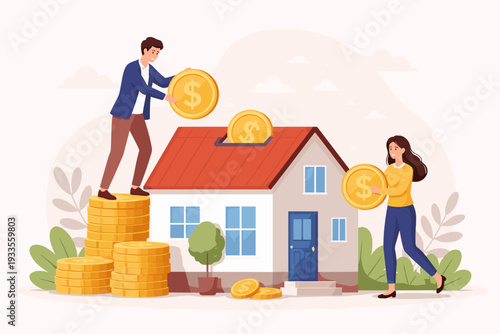 Real Estate Investment Concept with Man and Woman Putting Gold Coins into a House. Couple Saving for New Home, Mortgage, Property Earnings, Wealth Management and Financial Planning Illustration.