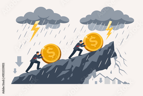 Businessmen Pushing Gold Coins Up Steep Mountain During Storm, Financial Crisis and Economic Recession Concept, Overcoming Business Obstacles and Market Risks, High Risk High Reward Investment