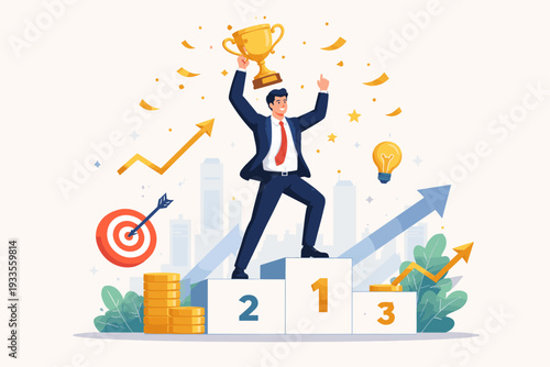 Successful businessman holding a golden trophy cup on the first place podium, celebrating business achievement, leadership, and financial growth with target, coins, and upward arrows icons.