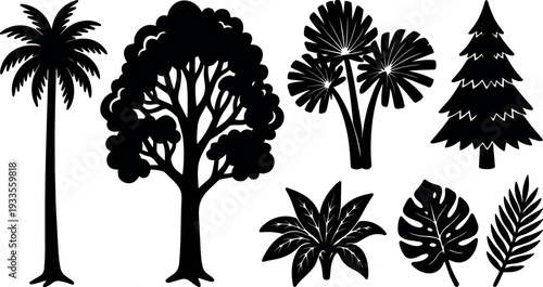 Flat design black tree and leaf silhouettes including palm oak pine and monstera arranged in horizontal row isolated vector art