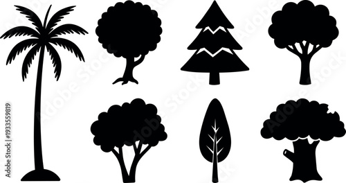 Flat design tree silhouette icons set eight varied tree shapes including palm oak fir rounded canopy close up black vector