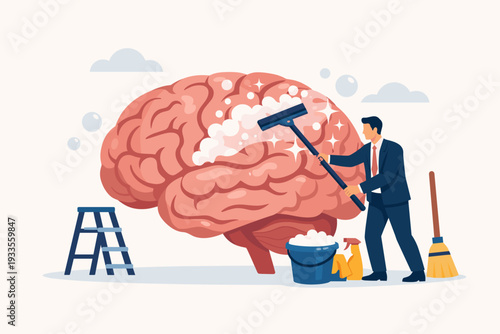 Businessman cleaning a human brain with a squeegee and soap bubbles, metaphor for psychotherapy, mental health, clean mind, fresh head, psychological clarity, and mindfulness concept vector.