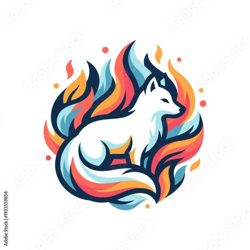 Arctic Fox Emblem Encircled by Colorful Flame Swirls and Ember Dots