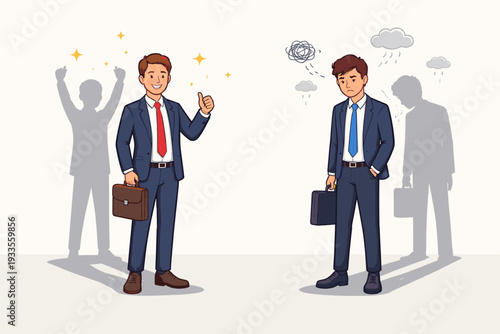 Contrast Between a Successful Happy Businessman with a Positive Shadow and a Sad Depressed Professional with a Negative Shadow; Vector Concept of Mental Health, Career Failure, and Work Mindset