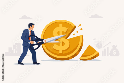 Businessman in a Suit Cutting a Large Gold Dollar Coin with Scissors, Representing Tax Deduction, Cost Reduction, Budget Cuts, Financial Savings, Profit Sharing, and Economic Strategy Concept Vector