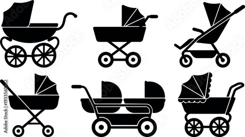 Flat design black pram and stroller icon set showing side and front views double bassinet and folding pushchair minimal silhouettes
