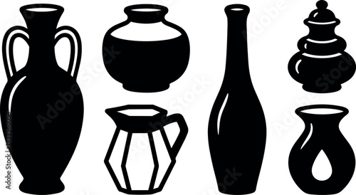 Flat vector silhouette close up assorted vase and pottery shapes arranged in two rows black on white high contrast minimal