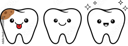 Cute kawaii teeth characters showing dental health stages from decay and cavity to clean healthy and shiny white