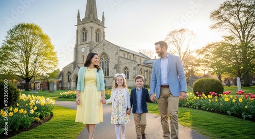 Happy family walking together in spring garden with church