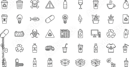 Recycling and Waste Management Icon Set with Trash, Plastic, Paper, Hazard, Eco, and Sustainability Symbols for Environmental Awareness Design