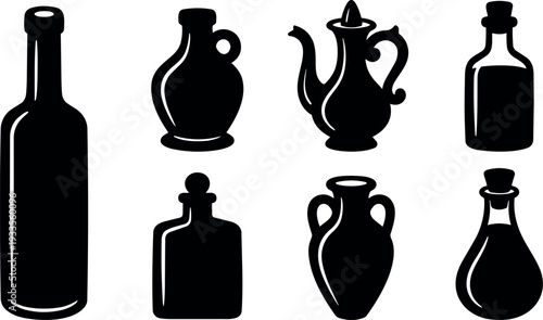 Flat silhouette vector set of eight vintage bottles and jugs arranged in two rows black on white background minimalist icons