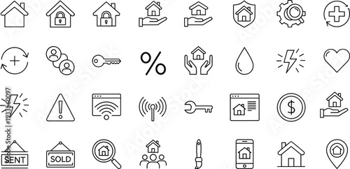 Real Estate and Property Management Icon Set with Home, Key, Mortgage, Insurance, Investment, and Housing Symbols for Business and Finance Design