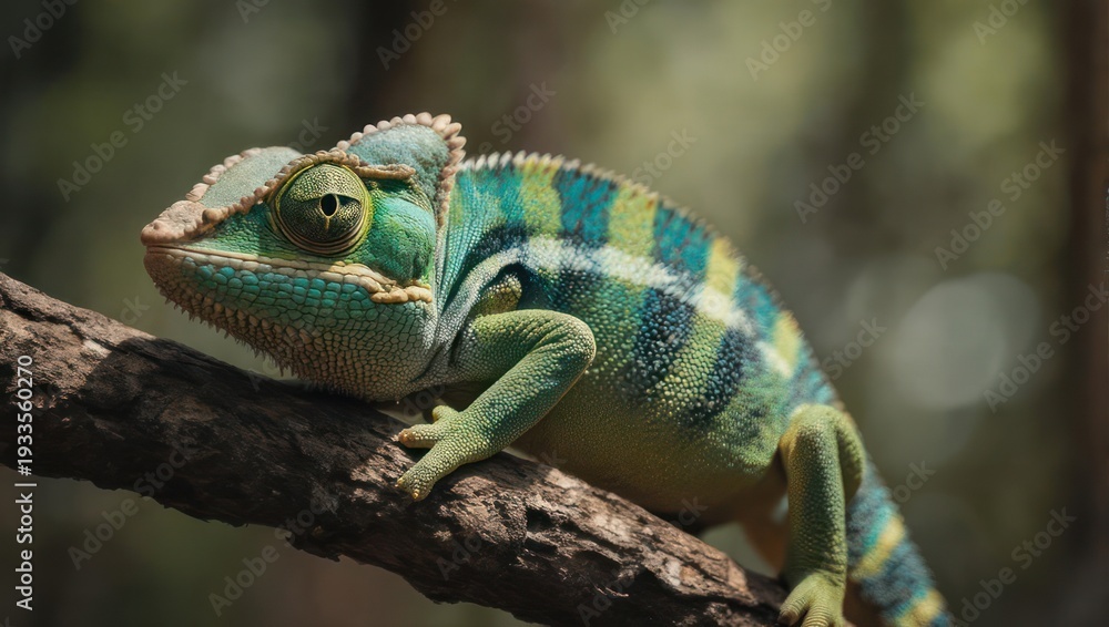 Fototapeta premium A vibrant chameleon, with colorful patterned skin, perches on a branch, well-camouflaged in nature