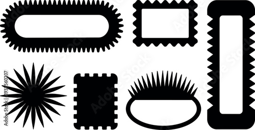 Flat design spiky frame and stamp border vector set showing seven black silhouette ornamental frames and badges for layout decor