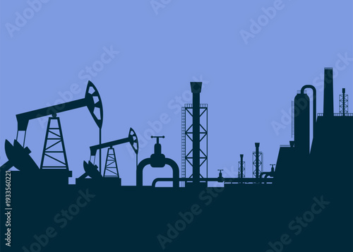 Industrial Oil Pump Jack and Refinery Plant Stock Illustration.