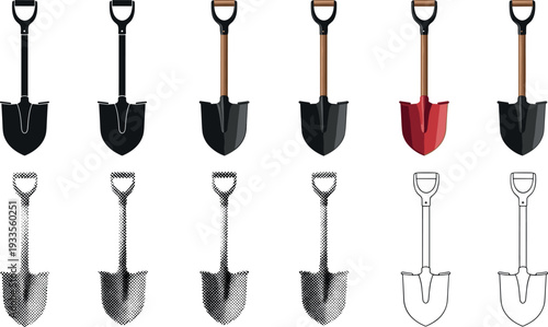 Shovel Icon Set with Flat, Outline, and Color Variations Featuring Garden and Construction Spade Tools for Landscaping and Digging Design