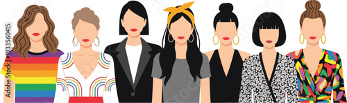 Diverse group of women portraits with different hairstyles and fashion outfits representing sisterhood empowerment and international women's day