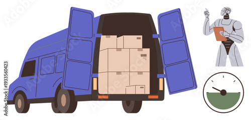 Logistics automation, package delivery, cargo management, supply chain efficiency, shipment tracking, artificial intelligence. A van with boxes, robot inspector and speedometer. Logistics automation