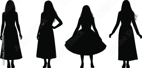 WebWomen dress silhouettes, fashion illustration, elegant clothing, stylish outfits, diverse poses, casual and formal wear, vector art, black silhouette, isolated