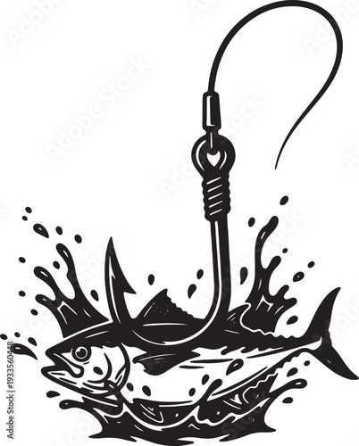 Minimalist black and white illustration of a tuna fish caught on a large fishing hook with water splashes for sport fishing