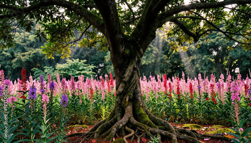 Ancient Tree Amidst Blooming Flowers