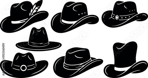 Flat vector silhouette display of seven western cowboy hats shown from angles front back three quarter views on white background