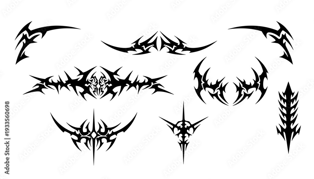 Obraz premium Collection of black cyber sigilism tattoo shapes featuring sharp spines, thorny horizontal bands, and vertical totems for Y2K gothic grunge logos