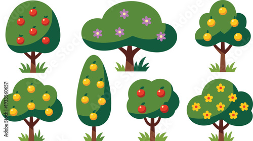 Flat vector set of fruit and flowering trees isolated on light background, colorful cartoon orchard plants collection for garden, agriculture and landscape design projects