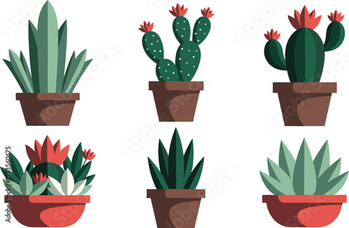 Stylized illustration of six unique potted succulent and cactus plants with vibrant green foliage and red flowers, perfect for botanical, decorative, and creative design projects