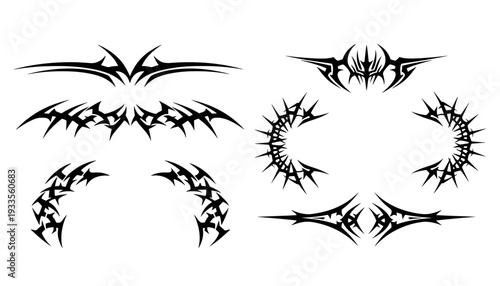 Collection of black cyber sigilism tattoo designs including sharp arches, decorative thorns, and horizontal bands for Y2K gothic grunge style projects