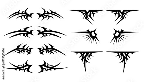 A set of black neo-tribal tattoo elements with radiant sunburst spikes and symmetrical horizontal spreads for Y2K gothic streetwear and logo branding