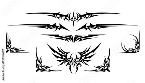 Collection of black cyber sigilism borders and corner frames. Sharp neo-tribal vector tattoo designs for Y2K page dividers and gothic layouts