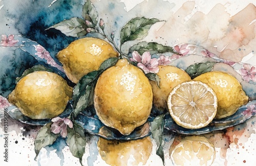 watercolor lemons with pink floral pattern. High quality photo