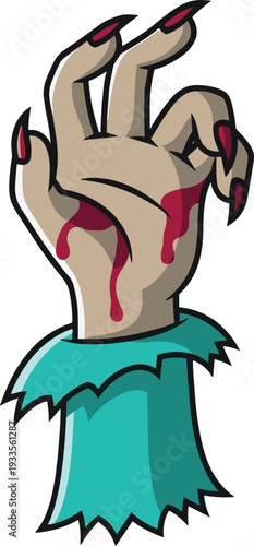 Vector illustration of a creepy zombie hand with long red nails and dripping blood emerging from a tattered turquoise sleeve for Halloween horror designs