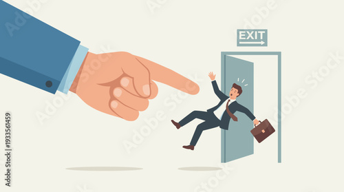 Giant hand flicking a businessman out of an exit door representing job loss, dismissal, and getting fired. Corporate downsizing, layoff, and unemployment concept in flat vector illustration.