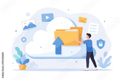 Man Uploading Large Folder to Cloud Storage for Secure Data Backup and Digital File Management, Concept of Internet Hosting Service, Online Database Synchronization, and Modern Technology Network