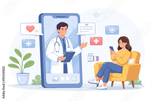 Online Doctor Consultation and Healthcare Services Concept with Patient Consulting a Professional Physician via Smartphone App, Telemedicine, Digital Health, and Virtual Medical Appointment.